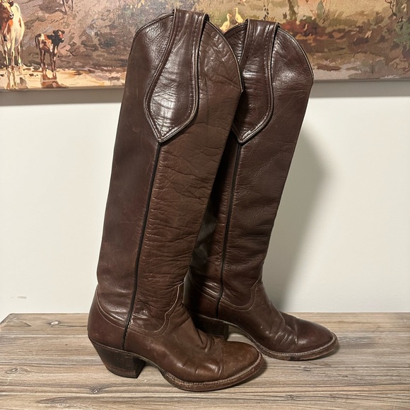 Vintage Tall Chocolate Brown Leather Cowboy Boots - Picture 2 of 9